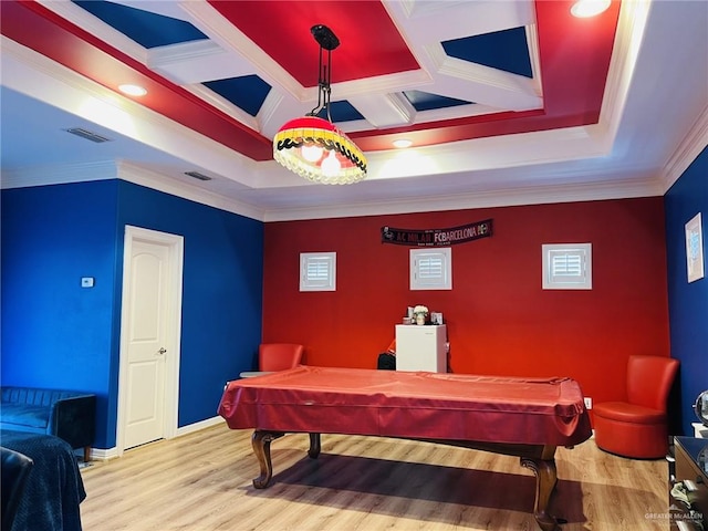 recreation room featuring coffered ceiling, light wood-type flooring, ornamental molding, and billiards