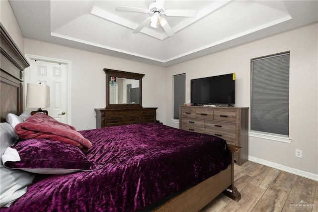 bedroom featuring a raised ceiling and ceiling fan