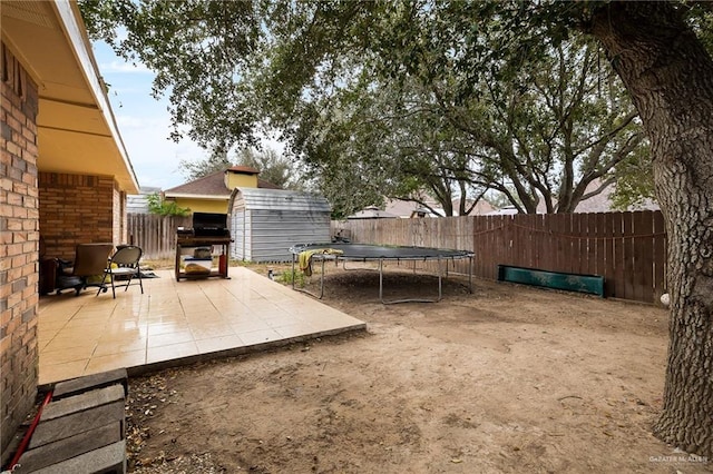 view of yard featuring a trampoline and a patio