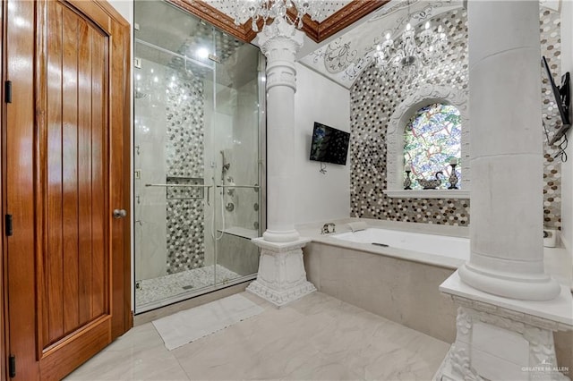 bathroom featuring crown molding, plus walk in shower, and a chandelier