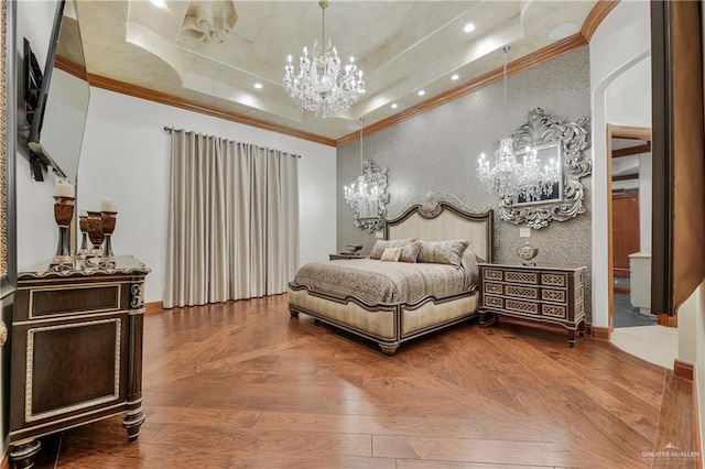 bedroom with a raised ceiling, a chandelier, wood-type flooring, and ornamental molding