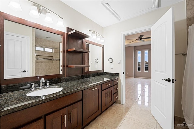 bathroom with vanity, tile patterned floors, and ceiling fan