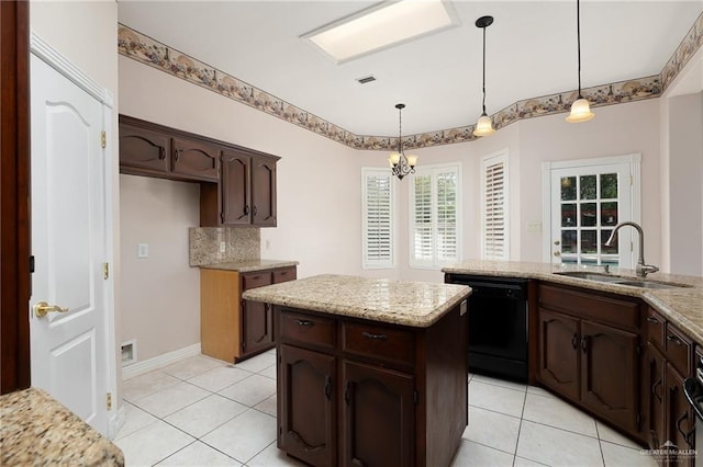 2206 Kings Dr, Edinburg, TX 78539 - kitchen featuring dishwasher, a sink, light tile patterned floors, pendant lighting, and dark brown cabinets
