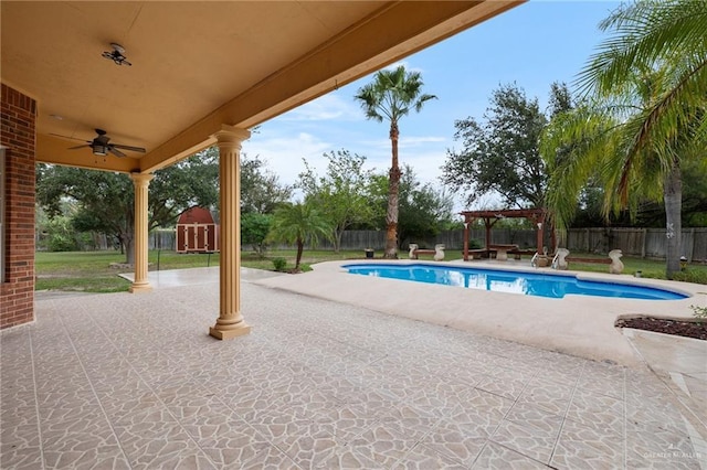 2206 Kings Dr, Edinburg, TX 78539 - view of swimming pool with a fenced backyard, ceiling fan, a patio area, and a pergola