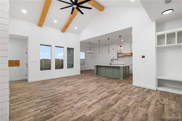 unfurnished living room with ceiling fan with notable chandelier, sink, beam ceiling, high vaulted ceiling, and hardwood / wood-style floors