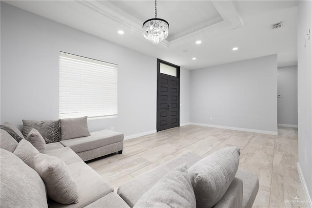 3306 Lauren Dr, Palmview, TX 78574 - living room with a chandelier, visible vents, a raised ceiling, and recessed lighting