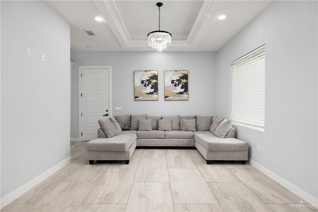 3306 Lauren Dr, Palmview, TX 78574 - living area featuring baseboards, a raised ceiling, a chandelier, and visible vents