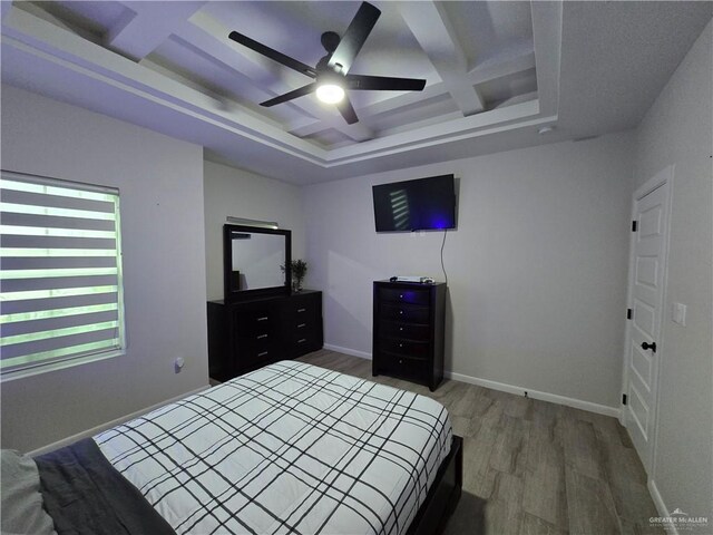 7313 N 25th Ln, Mcallen, TX 78504 - bedroom featuring beamed ceiling, ceiling fan, light wood-type flooring, a tray ceiling, and coffered ceiling