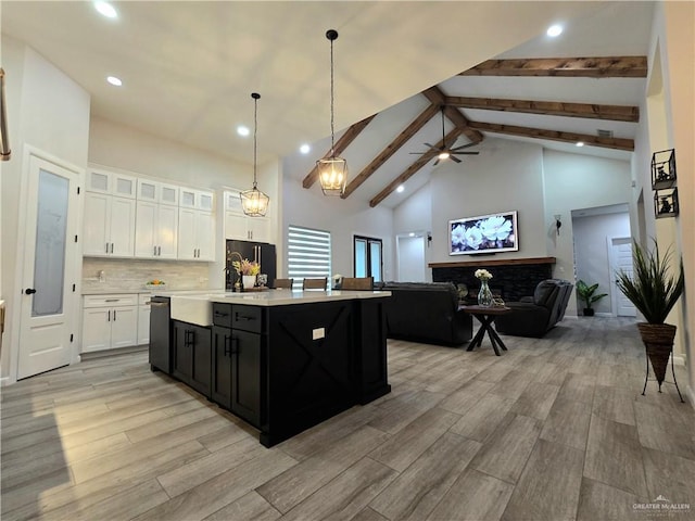 7313 N 25th Ln, Mcallen, TX 78504 - kitchen with dark cabinetry, light countertops, light wood-style flooring, white cabinetry, and dishwashing machine