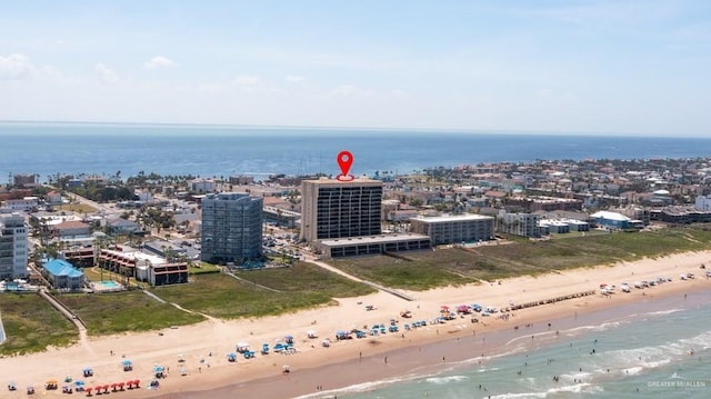 aerial view featuring a water view and a beach view