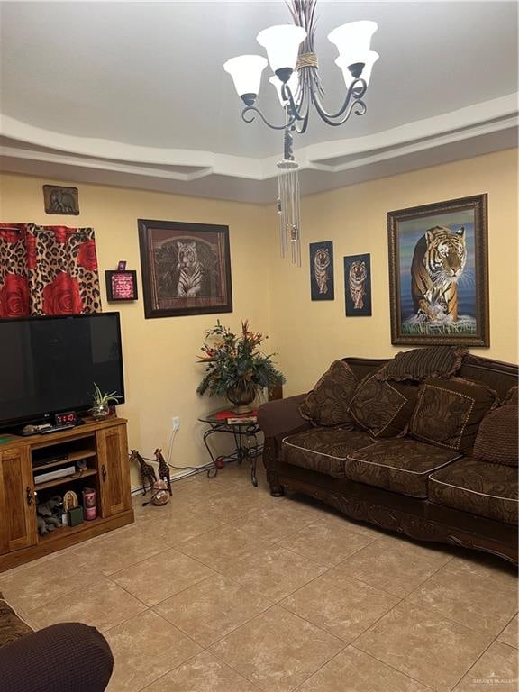 living room with light tile patterned flooring and an inviting chandelier