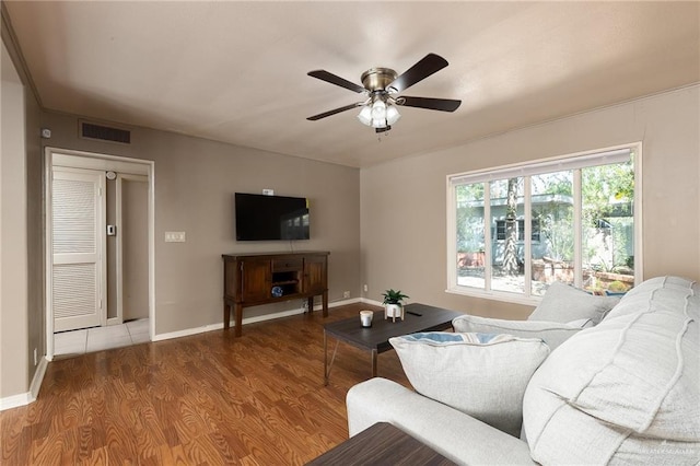 1821 Palm Blvd, Brownsville, TX 78520 - living room featuring a ceiling fan, wood finished floors, and baseboards