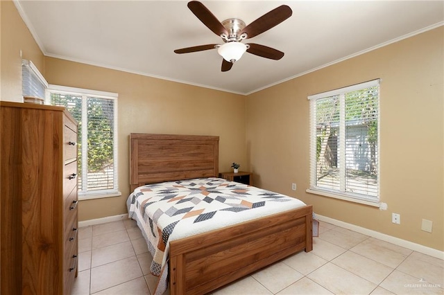 1821 Palm Blvd, Brownsville, TX 78520 - bedroom featuring ornamental molding, baseboards, light tile patterned flooring, and a ceiling fan