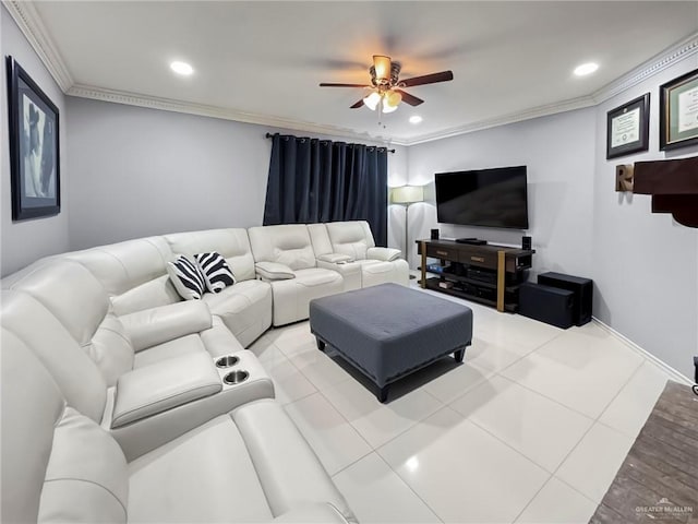 living room featuring ceiling fan, tile patterned flooring, and ornamental molding