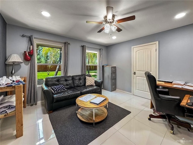 tiled home office with ceiling fan