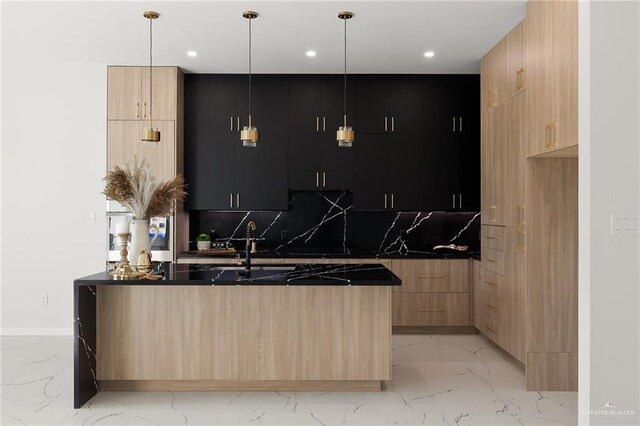 kitchen with backsplash, light brown cabinets, dark stone counters, and pendant lighting