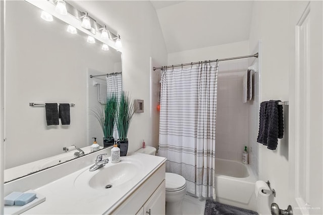 full bathroom featuring shower / bath combo with shower curtain, vanity, lofted ceiling, and toilet