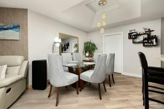 dining space featuring a tray ceiling and light hardwood / wood-style floors