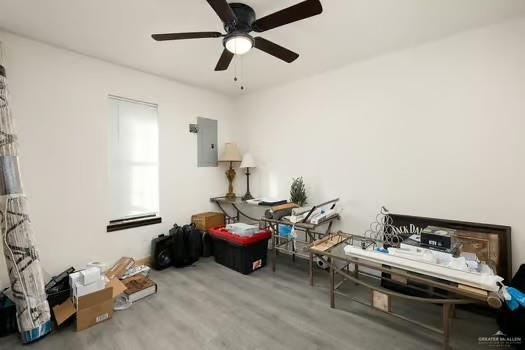 misc room featuring electric panel, ceiling fan, and hardwood / wood-style floors