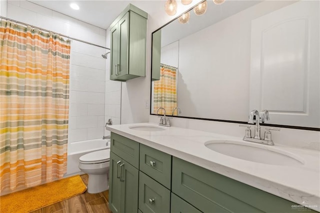 1405 Jocelyn Cir, Harlingen, TX 78552 - full bathroom featuring double vanity, shower / tub combo with curtain, toilet, and a sink