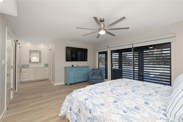 bedroom with ceiling fan, light hardwood / wood-style flooring, and access to outside