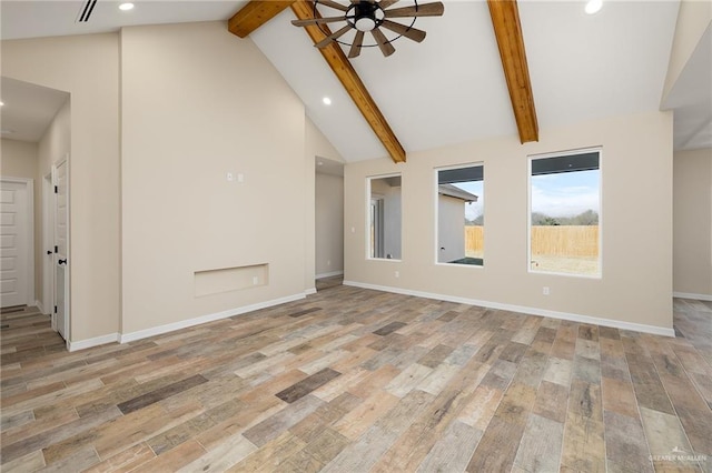 unfurnished living room featuring ceiling fan, high vaulted ceiling, beamed ceiling, and light wood-style flooring