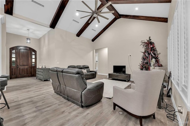 living area featuring visible vents, high vaulted ceiling, beam ceiling, and light wood-style flooring