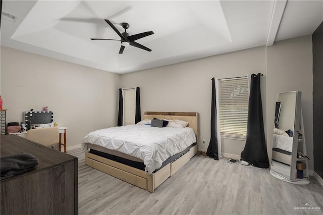 3500 Santa Lucia Cir, Mission, TX 78572 - bedroom featuring a tray ceiling, baseboards, light wood finished floors, ceiling fan, and an office area