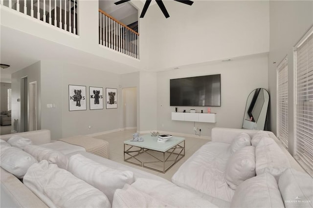3500 Santa Lucia Cir, Mission, TX 78572 - living area with ceiling fan, a towering ceiling, and baseboards