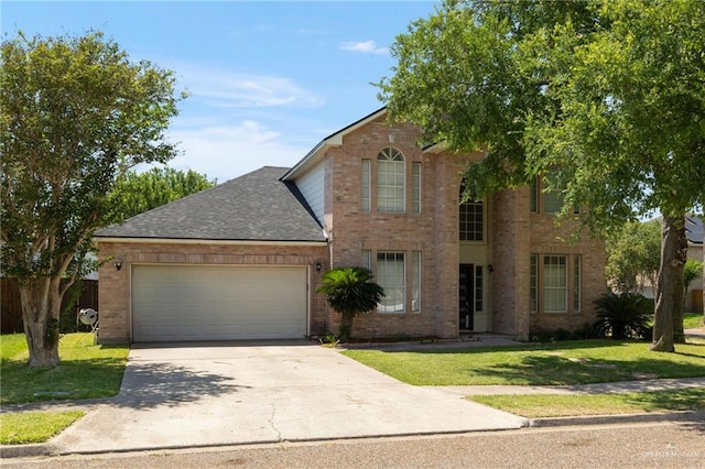 3500 Santa Lucia Cir, Mission, TX 78572 - traditional home with brick siding, a front lawn, a garage, and concrete driveway