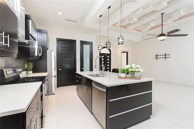 kitchen featuring hanging light fixtures, sink, an island with sink, and appliances with stainless steel finishes