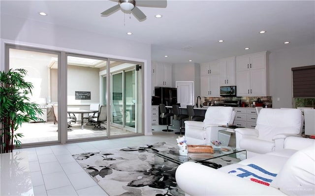 living room featuring ceiling fan