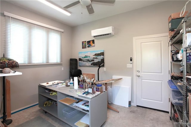 home office with ceiling fan and a wall unit AC