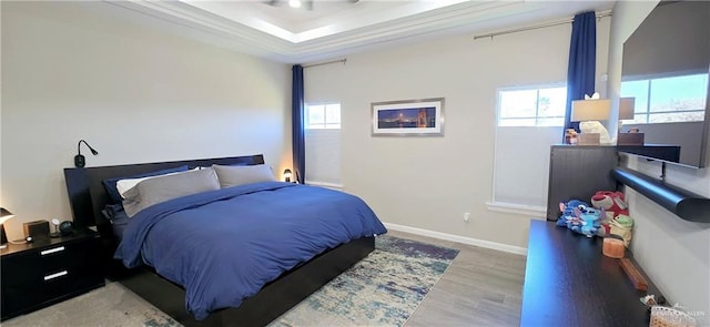 bedroom with a raised ceiling, multiple windows, wood finished floors, and baseboards