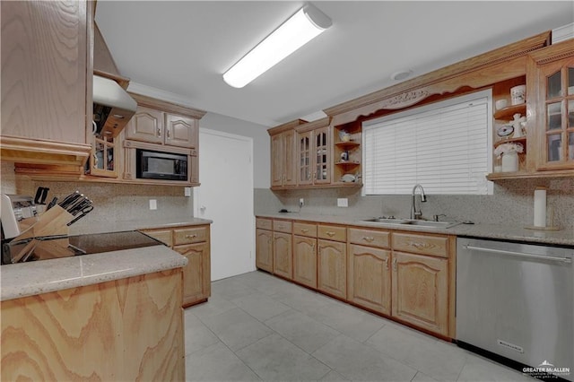 kitchen with dishwasher, backsplash, black microwave, and sink