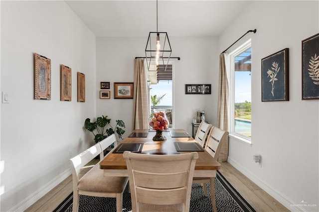 dining area with a wealth of natural light and light hardwood / wood-style flooring