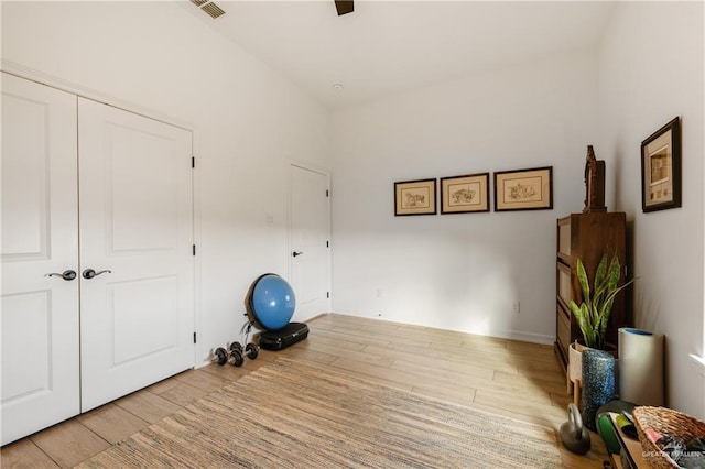 workout room featuring light hardwood / wood-style flooring