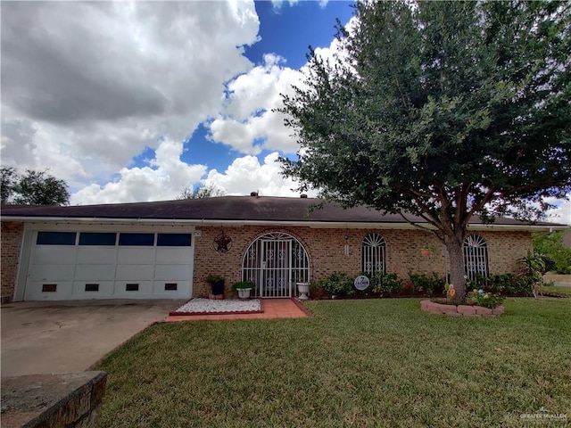 single story home featuring a garage and a front lawn