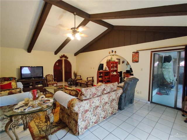 living room with vaulted ceiling with beams and ceiling fan