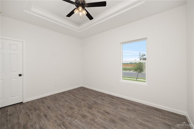 spare room featuring a raised ceiling, ceiling fan, and dark wood-type flooring