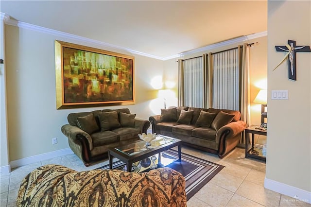 living room featuring light tile patterned flooring and crown molding