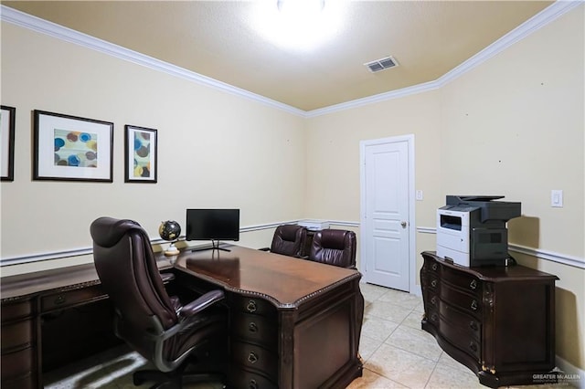 tiled home office featuring ornamental molding