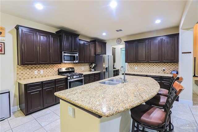 kitchen with decorative backsplash, stainless steel appliances, a kitchen island with sink, and sink