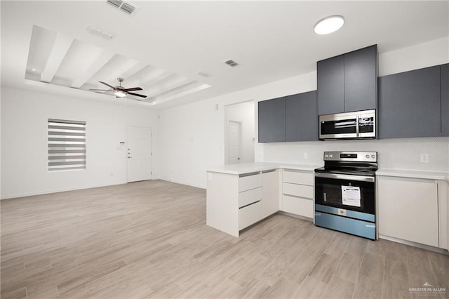 kitchen with gray cabinetry, stainless steel appliances, a raised ceiling, kitchen peninsula, and light wood-type flooring