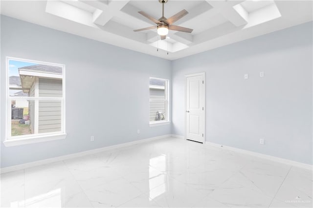 unfurnished room with beamed ceiling, ceiling fan, and coffered ceiling