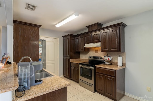 318 Lunar Dr, Donna, TX 78537 - kitchen featuring stainless steel electric range oven, under cabinet range hood, dark brown cabinetry, and backsplash
