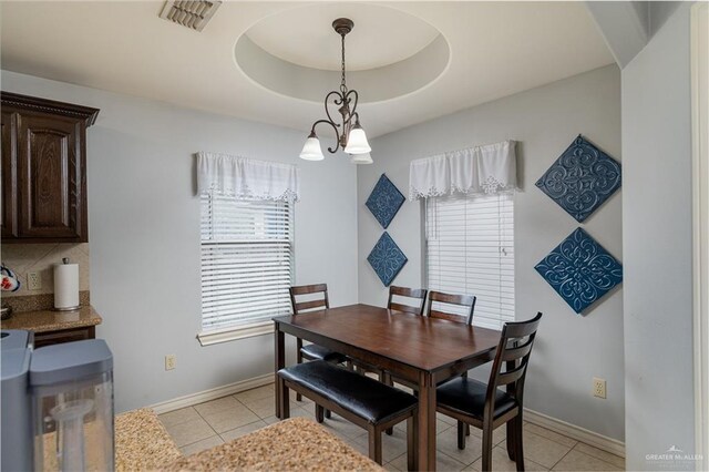 318 Lunar Dr, Donna, TX 78537 - dining room featuring light tile patterned flooring, a chandelier, and a tray ceiling