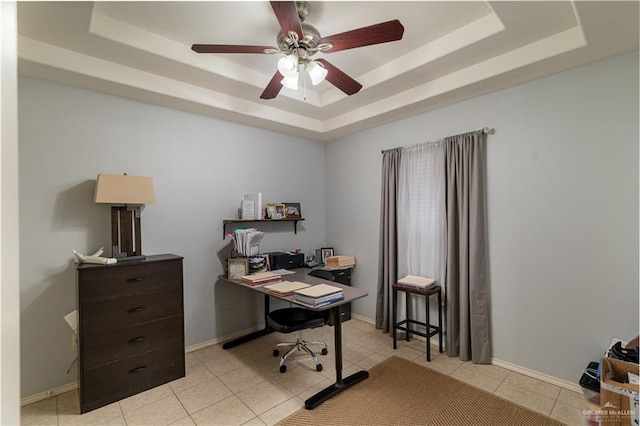 318 Lunar Dr, Donna, TX 78537 - office featuring a tray ceiling, a ceiling fan, and light tile patterned floors
