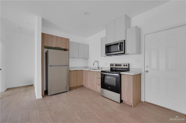 kitchen with light wood-style flooring, modern cabinets, appliances with stainless steel finishes, light countertops, and a sink