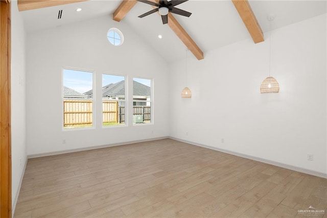 spare room with ceiling fan, plenty of natural light, beam ceiling, and light hardwood / wood-style flooring